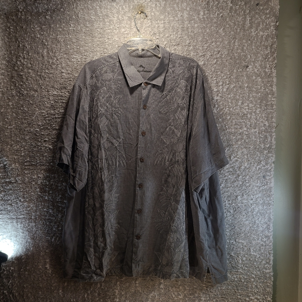 Tommy Bahama Men Silk Button Up Short Sleeve Gray Floral Print Shirt 2XLB